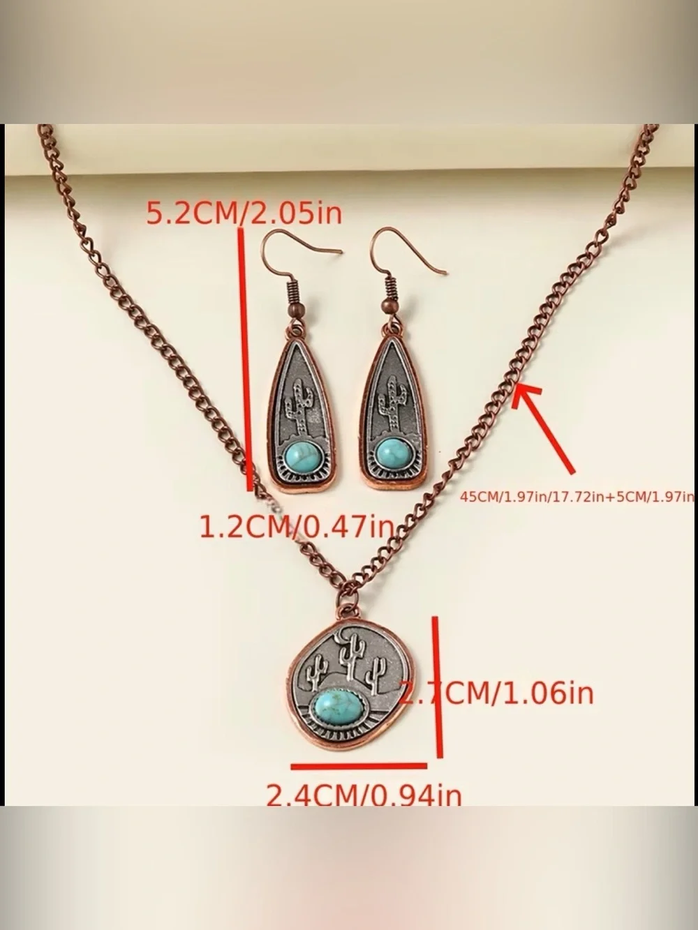 Western Turquoise Stone Cactus Pendant Necklace & Earring Set - Copper Tone